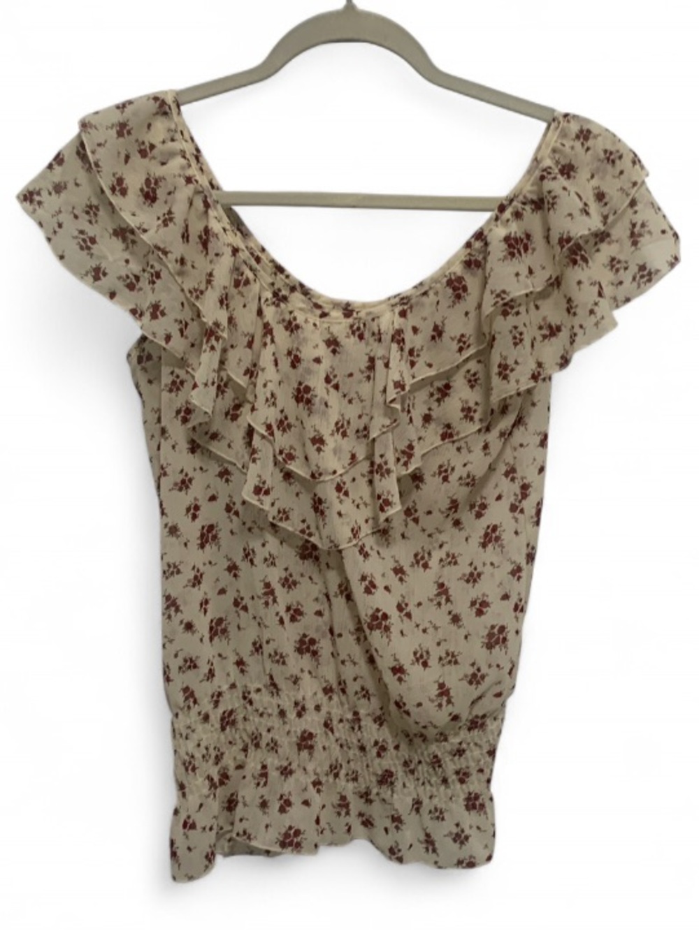 Y2K Off-Shoulder Floral Ruffle Blouse in Cream and Red
